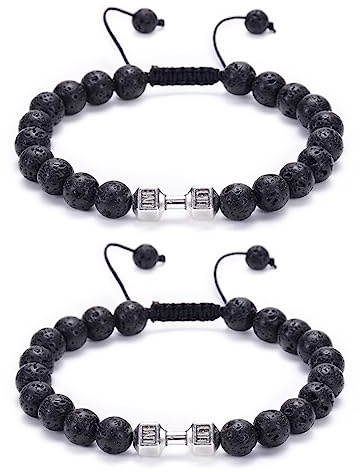 Hantel-Armband für Männer, 8 mm Naturstein-Perlenarmbänder, verstellbares gewebtes Fitnessstudio-Armband-Armband-Set, Geschenke, Charm-Hantel-Armbänder für Sie oder Ihn (Lavastein)