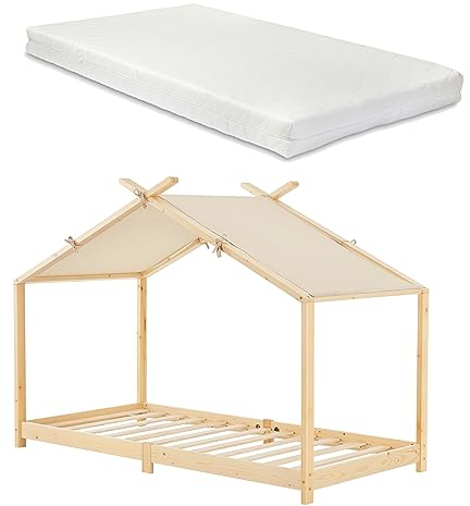 [en.casa] Kinderbett Brome mit Matratze Hausbett 90 x 200 cm Jugendbett Bettenhaus mit Lattenrost und Abnehmbarem Stoffdach Montessori Bett aus massiver Kiefer Bettgestell Holz Naturfarben