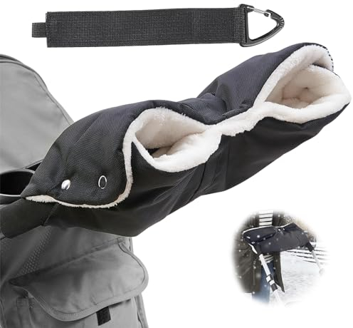 ZJRung Schwarzer Kinderwagen Handwärmer 50cm Kinderwagen Handschuhe Handmuff mit langem Haken Kinderwagen Handwärmer Lammfell wind- und wasserdicht für alle Kinderwagengrößen