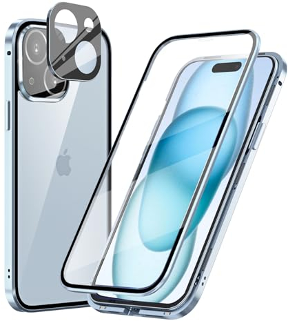 MIMGOAL 360 Grad Hülle für iPhone 15, Magnetische Adsorption Metallrahmen Ganzkörper Schutzhülle Vorne Hinten Gehärtetes Glas Transparente Full Case Dünn Handyhülle Cover,Blau