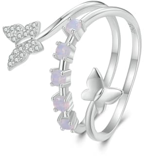 VELESAY 925 Silber Opal Ringe für Damen Frauen Verstellbar Zirkonia Schmetterling Ring Eheringe Verlobungsring Ewigkeitsring Offener Schmetterling Opal Ring