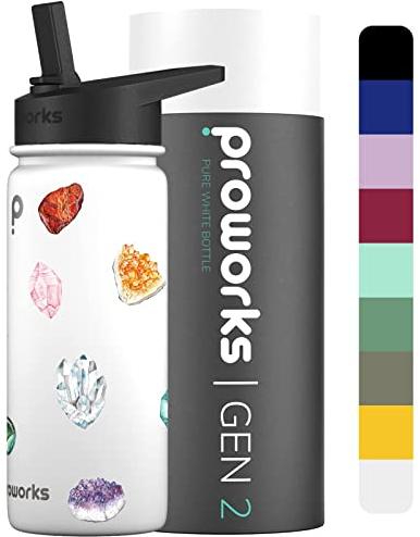 Proworks Gen 2 Insulated Water Bottles with Straw Lid | 1 Litre Stainless Steel Water Bottle, 24 Hours Cold & 12 Hours Hot, Metal Leakproof Flask for Work, Gym, Travel - Pure White - Crystal Dreams
