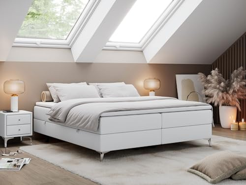 MKS MEBLE Boxspringbett Less 160x200 cm, Bett mit Bettkasten, Multipocket Matratze H3 7-Zonen, Topper T25, minimalistisches Doppelbett – Weiß Kunstleder