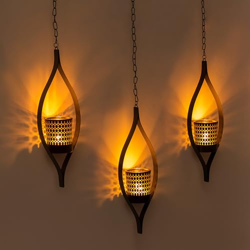Romadedi Modern Hanging Candle Holder Patio Decor - Set of 3 Black Tea Light Lantern Metal Unique Honeycomb Design Glass TeaLights for Wall Decoratons Living Room Garden Window