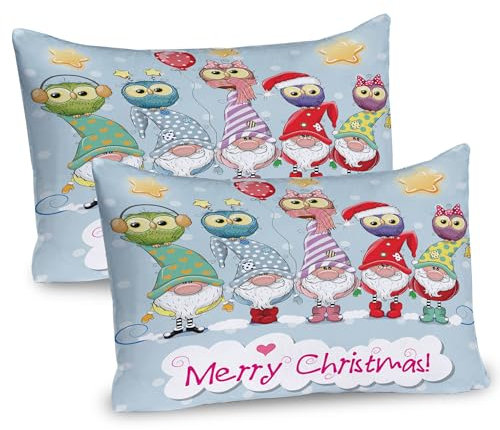 ABAKUHAUS Weihnachten Kissenbezug Packung mit 2, Lustige Bunte Kleidung Zwerge und Eulen auf ihre Köpfe auf Pastellton, Dekorativer Standard Gedruckter Kissenbezug, 80 x 40 cm, Baby Blue Mehrfarbig
