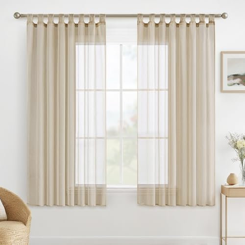 MIULEE Gardinen Schlaufenschal 2er Set Vorhänge Transparente Schlaufen Gardine aus Voile Vorhang Transparent Wohnzimmer Luftig Dekoschal für Schlafzimmer 175 x 140 cm (H x B), Tab Top Khaki