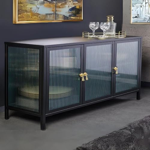LEBENSwohnART Modernes Vitrinen-Sideboard TRIADO 105cm schwarz Metall Riffelglas Kommode