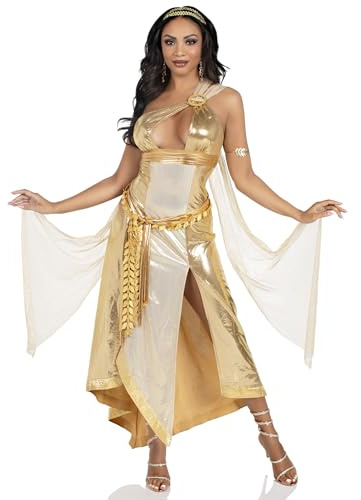 LEG AVENUE 3-teiliges goldenes Göttin, mit asymmetrischem schimmerndem Kleid mit ein-Schulter-Schnalle und Schleifenbesatz, Gold, Größe M