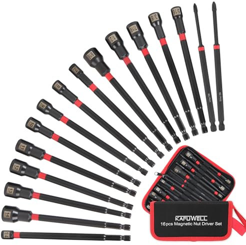 KAFUWELL 16PCS Nut Driver Set Magnetic, 1/4 Impact Drill Driver Bit Set, Metric & SAE Nut Drivers, Long Shank Nut Driver Bits, 1/4Hex Shank, with Storage Bag