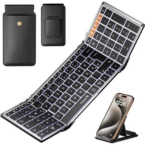 ProtoArc Faltbare Tastatur Beleuchtet, XK01 Plus Bluetooth QWERTZ Klappbare Tastatur mit Ziffernblock mit 3 Kanälen für iPad iOS Android Windows Laptop PC - Schwarz
