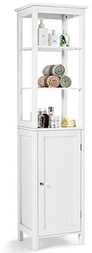 COSTWAY Meuble Colonne de Salle de Bain, Armoire Haute, Meuble de Rangement sur Pieds avec Un Grand Placard et 3 Compartiments Ouverts, Étagère Réglable, pour Salle de Basin, Salon, Cuisine (Blanc)