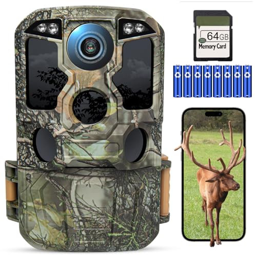 KJK Wildkamera mit Handyübertragung APP, 4K 64MP HD WLAN Bluetooth Wildkamera mit Bewegungsmelder Nachtsicht, 64GB Speicherkarte, 0.1s Auslöser, 130 °Weitwinkel Wildtierkamera, IP67 Wasserdicht