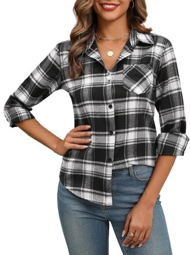 Zeagoo Damen Oktoberfest Bluse Kariertes Bluse Elegant Trachtenbluse Langarm V-Ausschnitt Hemd Casual Button Down Blusen Tunika Tops Schwarz Weiß L