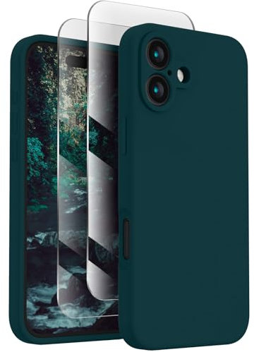FireNova Silikon-Schutzhülle Entworfen für iPhone 16, verbesserter Kameraschutz, Handyhülle mit 2 Displayschutzfolien, weiches kratzfestes Mikrofaserfutter innen, 15,5 cm, Blaugrün
