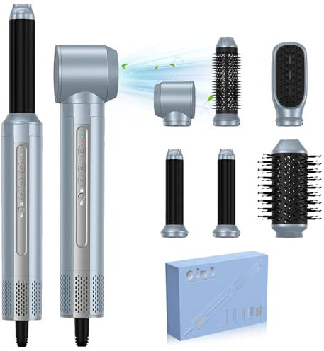 6 en 1 Cepillo Secador de Pelo, 110000 Rpm 20m/s Secador de Alta Velocidad, Moldeador Pelo With Riza Thermal Brush, Cepillo Alisador, Rizador de Pelo, Da Volumen, Alisa y Seca Styler Tool (Gris Plata)