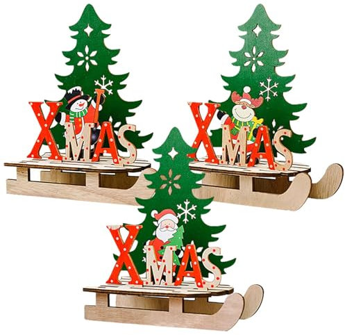 HOOPOE Decorazioni Natalizie Legno,3 Pezzi Scritte in Legno Addobbi Natale Casa,Ornamenti Natalizi con Scritta Xmas,Slitta Statuetta Puzzle 3D Decorativa in Legno per Decorazione Natale da Tavolo