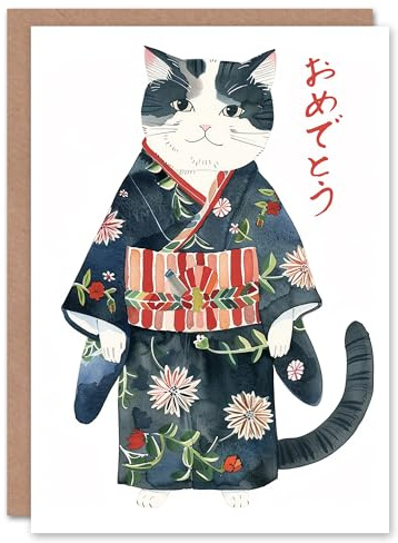 Floral Japanese Kimono Pet Portrait Cat Lover Blank For Him Or Her Art Birthday Card