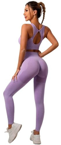 Up Silhouette GymSet Leggings Push-up Modellanti + Top Push-up per Donne Attive - Nero, Grigio, Blu, Viola, Pesca, Rosa, Verde Acqua, Verde Militare (Viola, M)