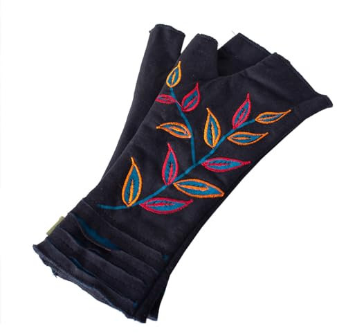 Vishes - alternative Bekleidung - Bestickte Damen Handschuhe Stulpen mit Daumen Fleece Gefüttert schwarz Blätter