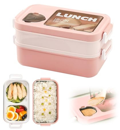Lunch Box 2 Layers – Fiambrera Umami con tarros de salsa y utensilios – Bento Box calentable apta para microondas – Fiambrera hermética ideal para la oficina, la escuela y de viaje (Rosa)