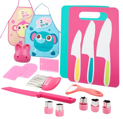 Aolkee 19 pièces Ensemble de Couteaux à découper pour Enfants, Montessori 3 Ans, Ensemble de Cuisine pour Enfants avec Forme de Couteau à Fruits, Planche à découper, Tablier