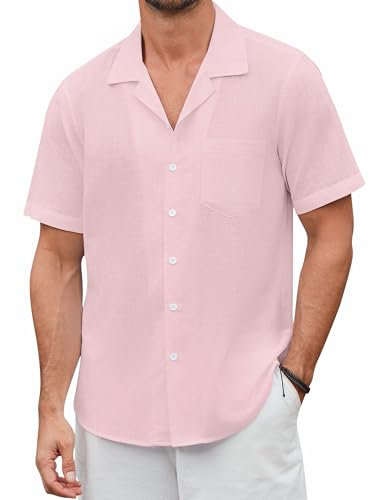 Enlision Camicia Uomo Maniche Corte Lino Camicia Rosa Uomo Estive Casual da Spiaggia Camicie Elegante Regular 2XL