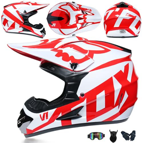 PAESCOY Motorradhelm Cross Damen Herren Full Face MTB Helm Motocross Helm DOT/ECE-Zertifizierter Mit Schutzbrillen Maske Handschuhe Downhill Helm Mopedhelm Schutzhelm Für Cruiser Chopper,Red/A-XL