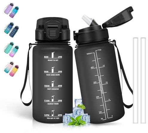 Gourde, 500ml Gourde Enfant, Gourde avec Paille, Anti-Fuite, Bouteille pour Garçon & Fille, Facile à Nettoyer, Gourde Graduée avec Slogan de Motivation, Gourde Reutilisable pour l'École, Voyage, Noir