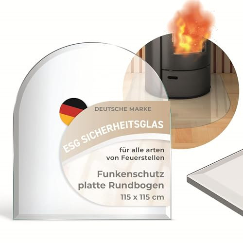 Funkenschutzplatte Glas Rundbogen 115x150cm – Glasplatte für Kaminofen - Kaminglas Zunge mit Dichtlippe - 8mm ESG Kamin Glasplatte mit Facettenschliff – Kaminschutz Feuerplatte für Kaminofen