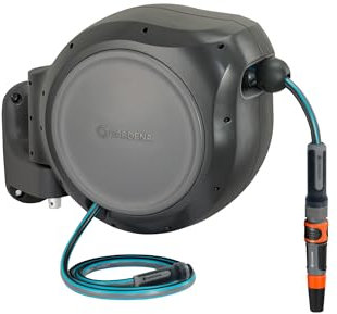 GARDENA 20502, Retractable Garden Hose Reel 75' x 1/2 Hose, Wall Mounted, Automatic Retraction & Length Lock for Easy Watering. Heavy Duty Swivel Bracket 180°, Includes Nozzle. Made in Europe