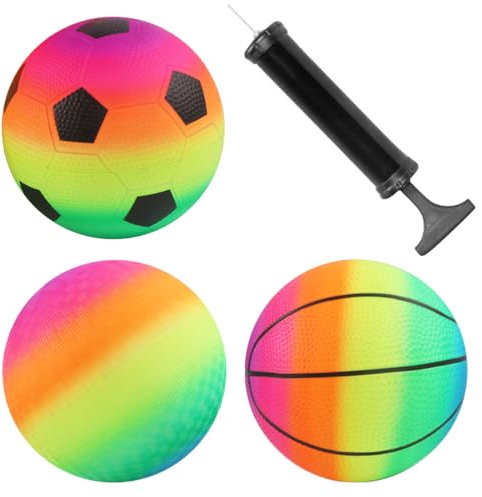 3 Stück Regenbogen Inflation Strand Bälle mit Pumpe, Rainbow Bouncy Kickball Kinder Sport Spielen Ball Wasserball Fußball Handball Spielzeug für Indoor Outdoor Spielplatz Aktivitäten