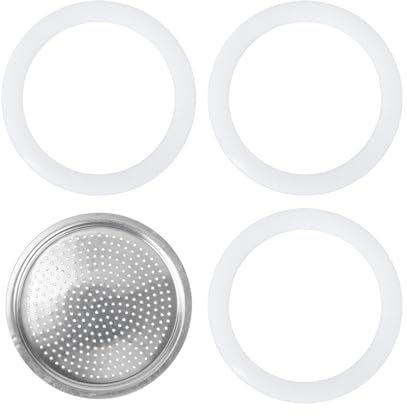lasuroa Filtro con 3 Juntas, Filtro Aluminio Plateado Junta Silicona Blanca Repuestos Cafeteras para Bialetti Dama de 3 y 4 Tazas Venus Musa Kitty de 4 Tazas