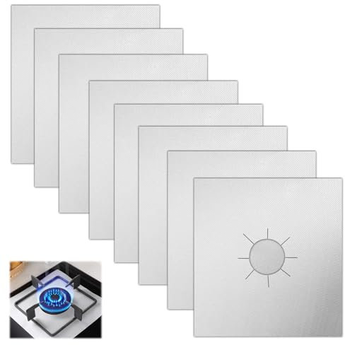 8Pcs Gas Hob Protectors, Reusable Stove Burner Covers 27 * 27CM Liner Cover Cleaners Kitchen Easy-to-Clean Stovetop Sheets High Temperature Resistant Non-Stick Free Cutting (Silver