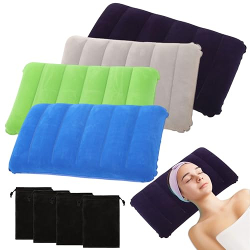 dogmoon Aufblasbares Kissen, 4 Stück Camping Reisekissen mit 4 Kordelzugtaschen, Luftkissen Kopfkissen, Reisekissen Aufblasbar Campingkissen Velour Kissen für Camping Reisen(47x30cm)