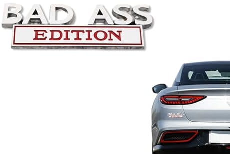 Bad Ass Edition Auto-Emblem Auto Aufkleber, 3D Metall Autoaufkleber 10x3.3cm für Tuning Fans, Lustiger Autoaufkleber für Heck, Motorhaube(Silber-Rot)