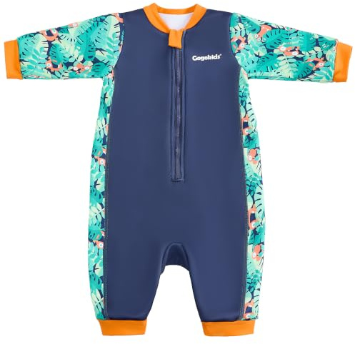 Gogokids Babies Thermal Swimwear 0-3 Years Toddler Wetsuit, Front Zip Infant Swimsuit with Fleece Lining, Long Sleeve One-piece Sun & Swim Protection for Baby Boys & Girls for Swim, Beach & Water Play
