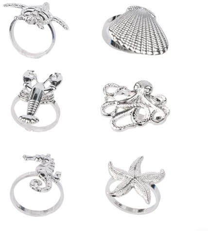 FACAIIO Elegante Serviettenringe für Tischdekoration, Meeresmotiv mit Seestern und Muscheln für Esstisch-Partys im Alltag, für Heim- und Küchendekoration, Hochzeiten und Partys (Silber)