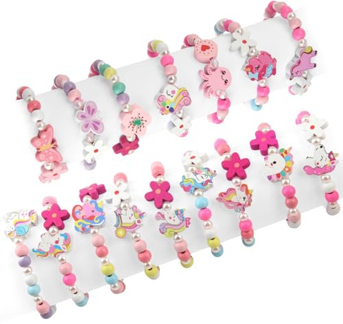 Xbessc 16 Pièces Licorne Bracelet Enfant Fille Coloré Bois Bijoux Enfants | Fleur Coeur Papillon Bijoux Élastique Bracelet Amitié pour Petits Cadeaux Anniversaire Fille Noël Fête