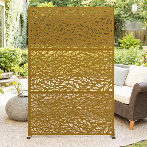 Sichtschutz Metall, Freistehender Paravent 183x119 cm, Wetterfester Sichtschutz für Garten, Terrasse & Balkon, Raumteiler mit Ständer, Verzinkter Stahl für Outdoor & Deko, Blatt Braun