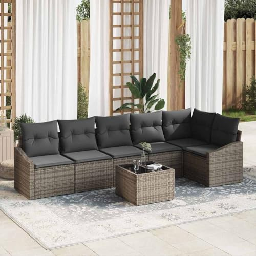 QUAHEAS Garten Sofa Set 7-teilig, Grau Poly-Rattan, Modular, Höhenverstellbarer Tisch, UV-beständig, Outdoor Möbel für Terrasse & Balkon