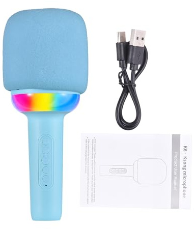 NUMNBE Karaoke Microphone Portable Handheld Mic with Built - in Speaker, LED Color Lights, Wireless Bluetooth Rechargeable, Pink and Blue - Noise Reduction, Anti Spray Cotton Cover, Ide (Blue)