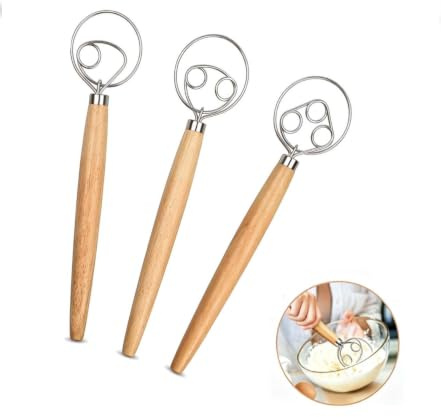 Voxlara Dänischer Schneebesen Set Edelstahl Teigrührer für Brot, 3 Stück | Dänischer Teigbesen, Dänische Teig Schneebesen, Rostfreier Edelstahl, Glatter Eichenholzgriff, für Brotteig & Sauerteig