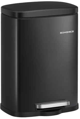 SONGMICS 5L Ink Black Bathroom Bin, Easy-Clean Steel, Soft-Close Lid | Hands-Free Opening, Bag Holder and Space-Saving Design for Bathrooms and Small Spaces, LTB005BZ02