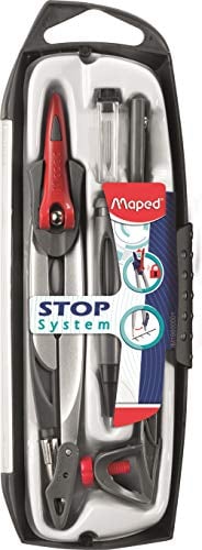 Maped - Coffret Compas Maped Stop System 5 pièces - Système de Verrouillage Breveté - Tracé Parfait - Avec Sécurité Protège Pointe - Compas Mine + Bague + Porte-mine 0.5 mm + Étui et Taille Mines