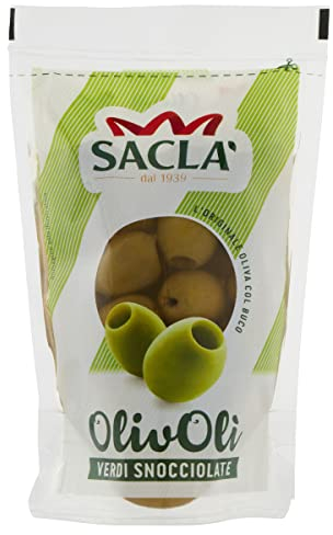 Saclà, OlivOlì, Olive Verdi Denocciolate, Ideali per Aperitivo, Insalate e per Arricchire i Tuoi Piatti, Busta, 185g (85g sgocciolato), Confezione da 24 pezzi