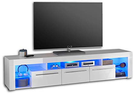 GOAL Lowboard in Hochglanz Weiß mit blauer LED-Beleuchtung - hochwertiges TV-Board mit viel Stauraum für Ihr Wohnzimmer - 200 x 44 x 44 cm (B/H/T)