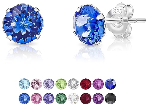 DTPSilver - Damen Ohrringe 925 Sterling Silber mit Kristallen von Swarovski® Elements 6 mm Runde Ohrstecker - Farbe : Blauer Saphir