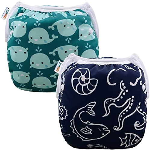 ALVABABY Swim Diapers 2pcs Reusable Baby Swim Diaper 9 Months-3T Adjustable Snap Washable Toddler Swimming Diaper for Pool Beach & Swim Lessons – Waterproof PUL Leak-Proof UPF 30+ Large Size