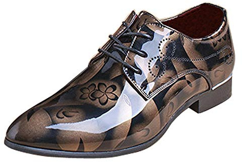 Mens Fashion Floral Patent Derby Shoes Lace Up Formal Business Shoes Pointed Toe Shiny Flat Faux Leather Dress Shoes Yellow