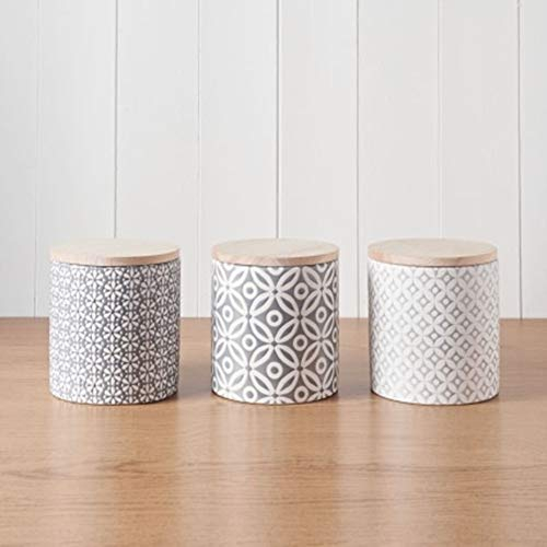 Grey Geometric Style Storage Canisters with Bamboo Lid for Tea,Coffee & Sugar Jars 3pc - Embossed Finish